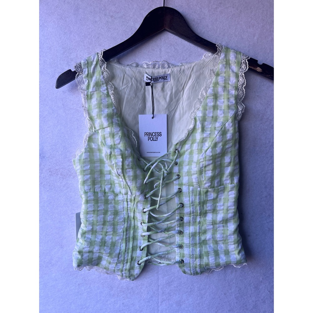 Cottagecore Tie Up Lace Trim Top Gingham Corset Fairy Coquette Y2K NWT